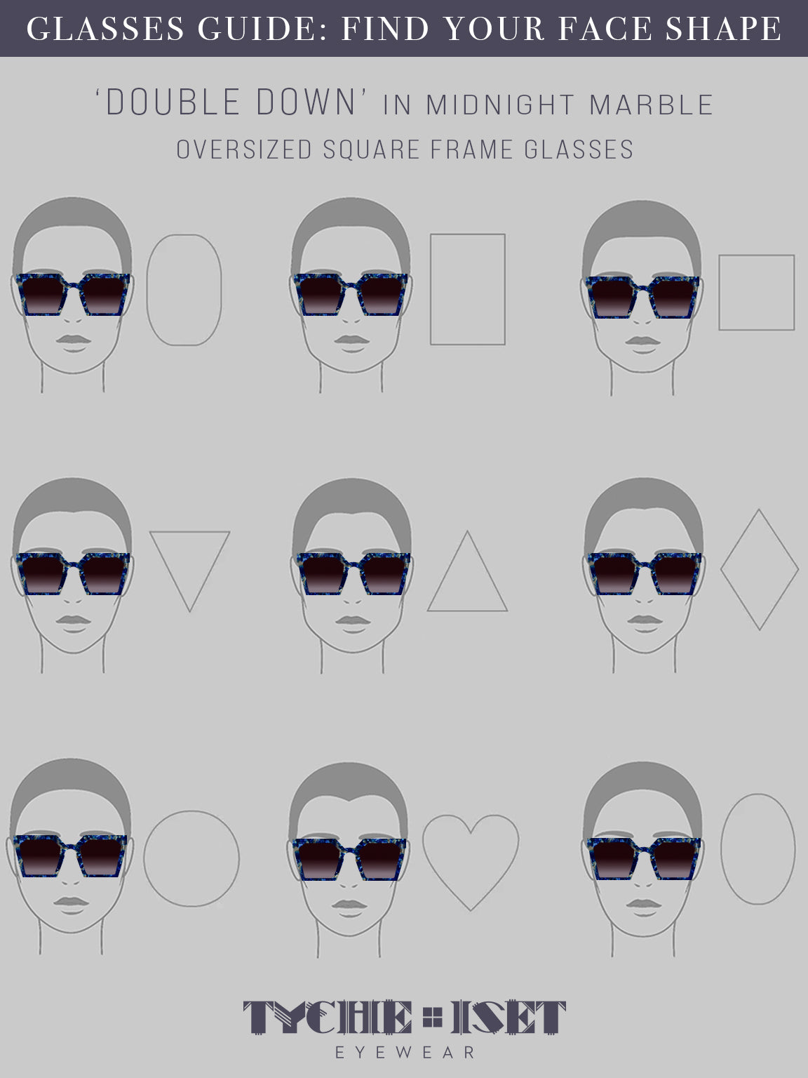 sunglasses face shape guide, eyewear face shape guide, style guide for sunglasses, round face, square face, heart face, rectangle face, oblong face, triangle face, oval face, upside down triangle face, diamond face, oversized square glasses guide diagram