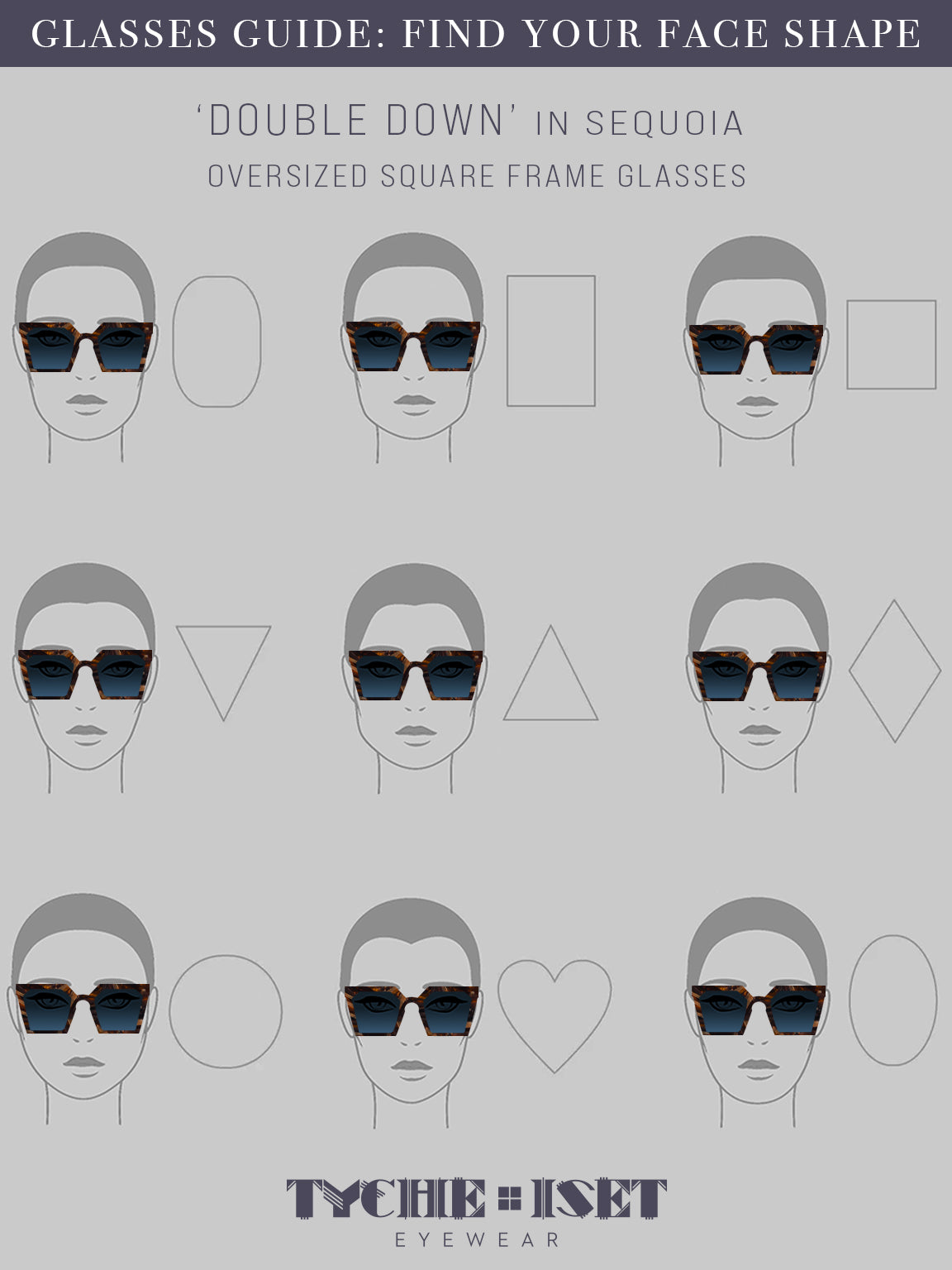 sunglasses face shape guide, eyewear face shape guide, style guide for sunglasses, round face, square face, heart face, rectangle face, oblong face, triangle face, oval face, upside down triangle face, diamond face, oversized square glasses guide diagram