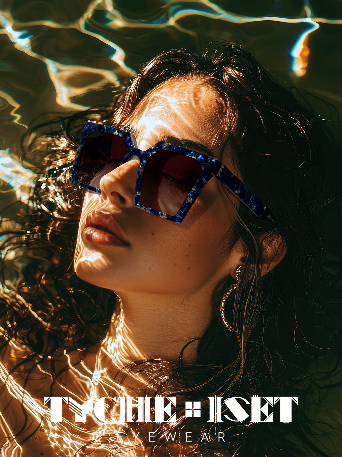 woman wearing blue square sunglasses in water, blue tortoise acetate sunglasses, oversized square glasses, lux accessories, designer eyewear, fashion glasses, art deco design, mythology, woman owned business