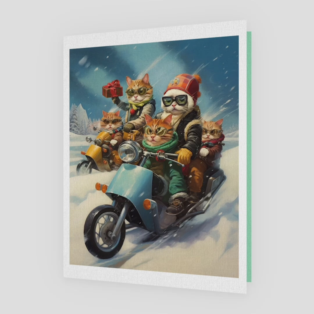 Holiday Card, Christmas Cards, Biker Gang Cats, Comedy, Humor, Funny Cats, Thinking of You, Happy New Year, Italian Linen Cotton, Premium Quality 